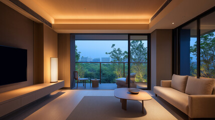 A comfortable living room with a balcony view, giving a sense of privacy. The overall indoor lighting is dim, very casual and relaxing, creating a relaxed and comfortable living atmosphere. City Build