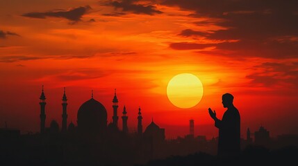 Silhouette of a Muslim man praying with mosque domes in the background at sunset