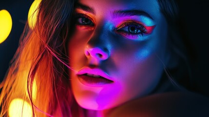 Close-up Portrait of a Woman with Bold Makeup Under Neon Lights