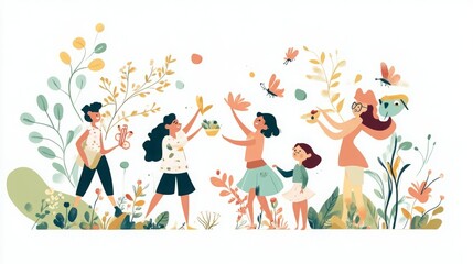 Five women stand amongst bright flowers and butterflies