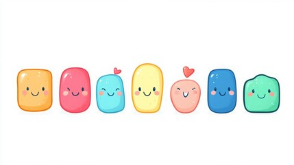 Cute colorful cartoon characters with happy smiles and hearts above their heads.