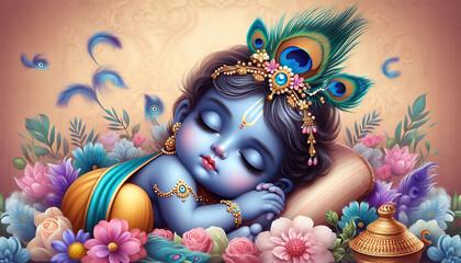 Cute little sleeping baby Krishna with blue skin and peacock feather. Hindu god Lord Krishna. Krishna Janmashtami, Govardhan Puja. Indian religious festival