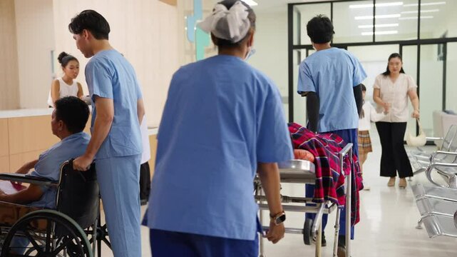4K Specialized doctor medical center and hospital health care services concept. Hospital lobby waiting area in hospital with doctor and patient walking through corridor hallway and information counter