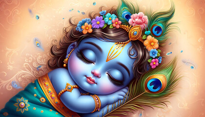 Cute little sleeping baby Krishna with blue skin and peacock feather. Hindu god Lord Krishna. Krishna Janmashtami, Govardhan Puja. Indian religious festival