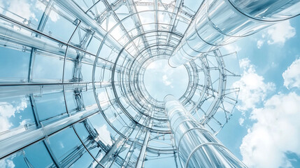 A large glass building with a clear blue sky above it