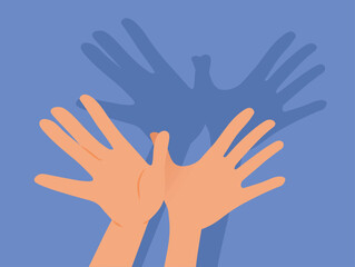 Hands Creating a Bird Shape in Shadow Theater for Kids. Parent performing in a story time activity with gestures on a wall
