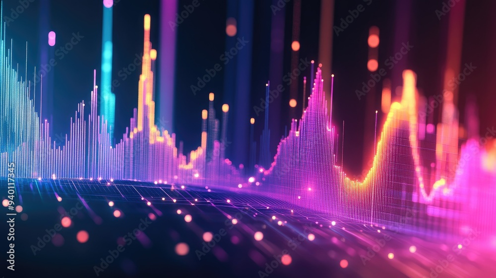 Poster abstract depiction of financial graphs and charts in neon colors