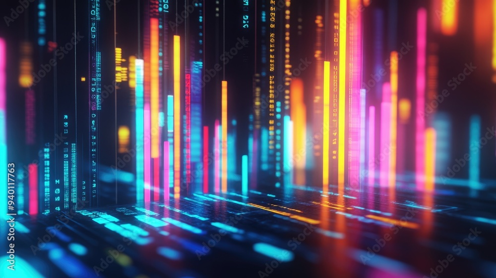 Poster abstract depiction of financial graphs and charts in neon colors