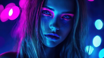 Neon Portrait of a Woman with Bold Makeup