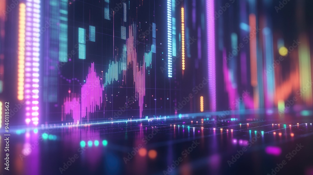 Poster abstract depiction of financial graphs and charts in neon colors