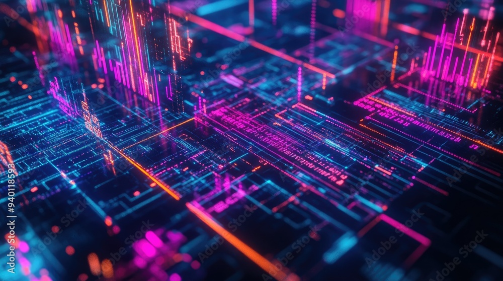 Poster abstract depiction of financial graphs and charts in neon colors