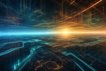 Obraz premium Futuristic abstract background with colorful glowing lines techno Sci-fi neon . Digital scientific design tech innovation artwork.