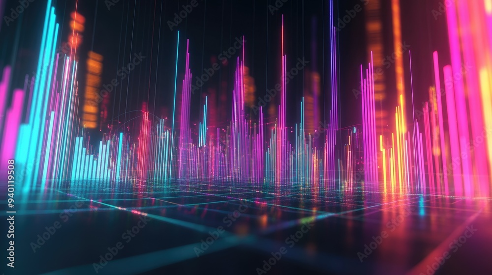 Poster abstract depiction of financial graphs and charts in neon colors