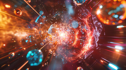 Dynamic scene of highenergy collisions creating various subatomic particles in a particle collider