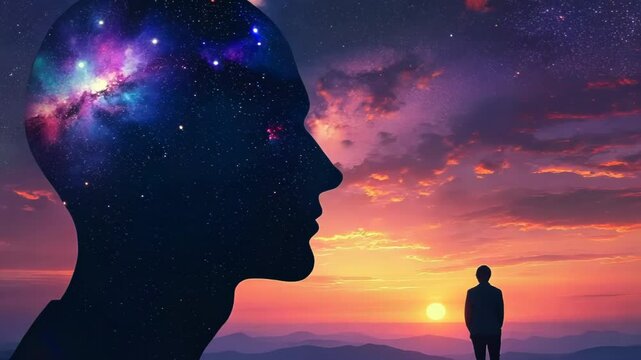 Giant silhouette head reveals cosmic interior facing distant figure on horizon. Vibrant colors blend internal starscape with external sunset, symbolizing introspection and vastness of consciousness.	
