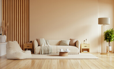 Living room exudes warmth and comfort with its soft beige tones, plush seating, and minimalist decor on cream color wall background- 3D rendering © Vanitjan