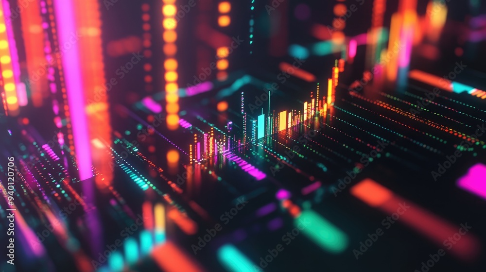 Poster abstract depiction of financial graphs and charts in neon colors