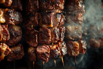 Delectable Brazilian Churrasco Beef Skewers with Rib Centerpiece in Vibrant Close-up Shot on Black Background