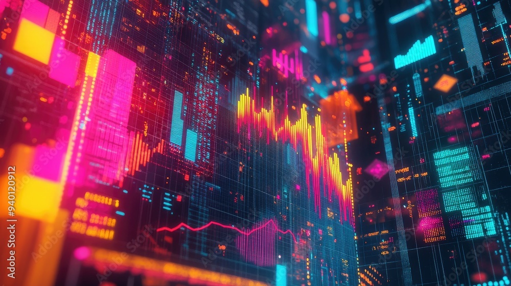 Poster abstract depiction of financial graphs and charts in neon colors