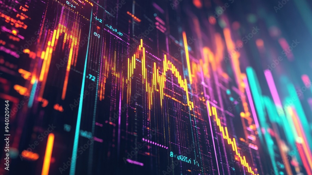 Poster abstract depiction of financial graphs and charts in neon colors