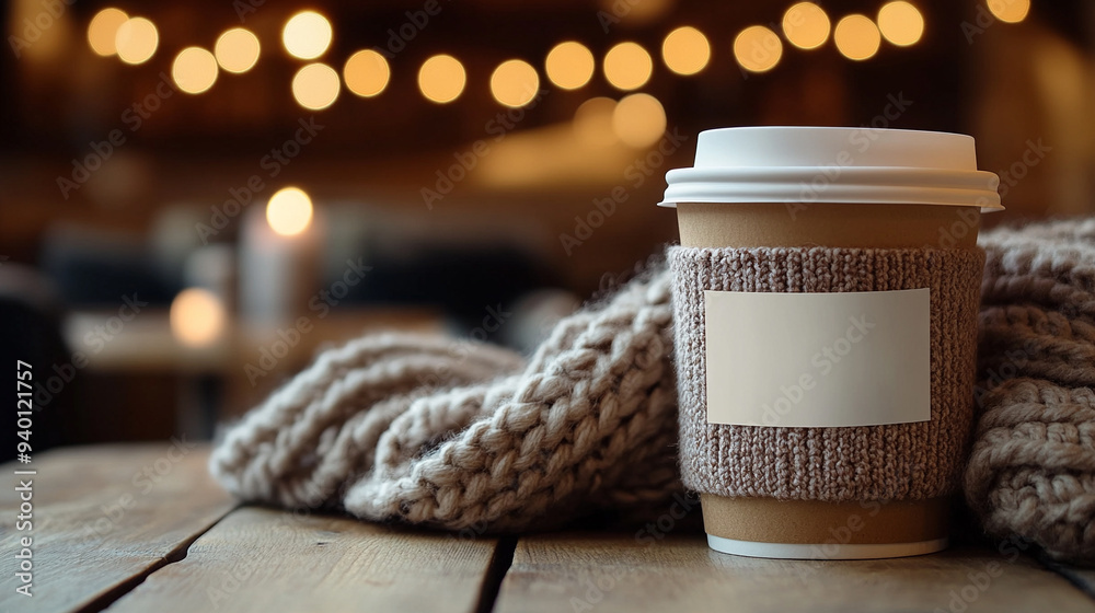 Wall mural A cup of coffee is sitting on a table next to a blanket