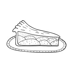 Fresh baked apple pie in doodle engraved sketch style. Piece of traditional dessert product on the plate. Hand drawn illustration for menu, bar, coffee shop, cafe, bakery, restaurant certificate.