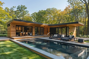 Fototapeta premium Modern minimalist pool house with outdoor seating, swimming lap, and flat roof wooden building on grassy lawn surrounded by trees in New York.