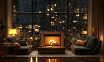 Fototapeta premium Cozy Living Room with Fireplace and Rainy Night View