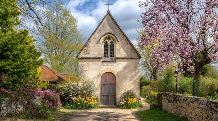 Charming stone chapel by blooming spring flowers, cherry blossoms and daffodils, set against a backdrop of blue sky and green trees.