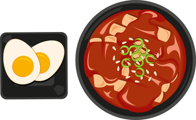 toppoki in bowl illustration. korean rice cake with spicy sauce.