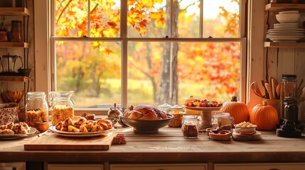 Naklejka premium Cozy kitchen window sill filled with autumn treats and decorations, overlooking a vibrant fall landscape with golden-leaved trees outside.