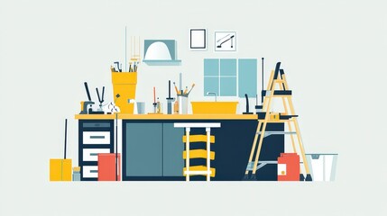 Fototapeta premium Modern Flat Design Illustration of Home Renovation Projects - DIY Painting Walls and Furniture Assembly Process
