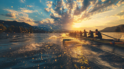 photo of a rowing team competing in a rowing event at the Olympics, synchronized strokes, water splashing, detailed boat and oars, beautiful lake scenery.
