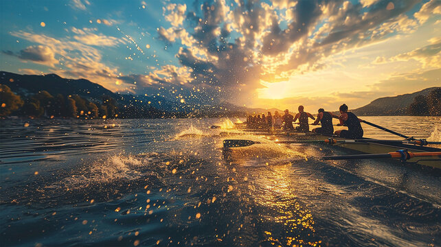 photo of a rowing team competing in a rowing event at the Olympics, synchronized strokes, water splashing, detailed boat and oars, beautiful lake scenery.