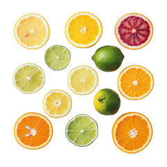 Obraz premium Citrus Fruit Slices Isolated on White Background - Organic Fresh Lemon, Lime, Orange, Grapefruit., transparent background, PNG file