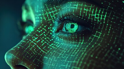 Digital Eye - Close-up Portrait of a Woman's Eye with Green Digital Lines