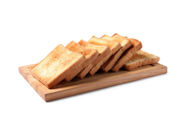 Delicious slices of toasted bread isolated on white