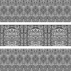 Intricate Aztec-inspired pattern with geometric shapes, tribal masks, and ancient symbols. Seamless design for various applications.
