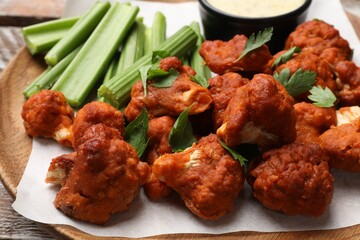 Baked cauliflower buffalo wings with celery and sauce on table, closeup