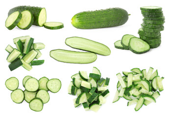 Fresh cucumbers isolated on white, collage. Different types of cuts