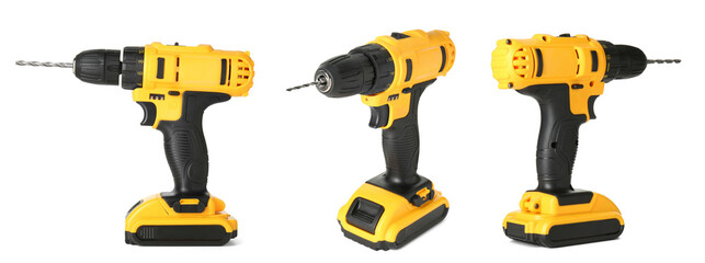 Cordless drill isolated on white, views from different sides