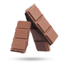 Pieces of sweet chocolate falling on white background