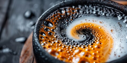 Obraz premium Close-up of coffee cup with frothy cream swirl against textured dark background. Beverage texture concept