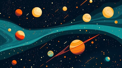 Fototapeta premium Abstract Flat Design Illustration of Cosmic Space with Futuristic Planets, Galaxies, and Exploration Concepts
