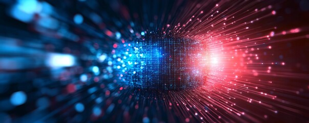 Fototapeta premium Dynamic visual of colorful light beams creating a vibrant abstract background with blue and red tones.