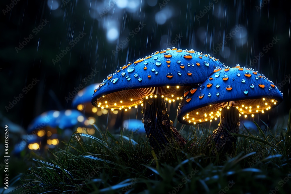 Poster a digital art piece showing a mushroom forest at dawn, with the light just beginning to illuminate t
