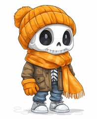 Cute chibi skeleton, wearing an orange beanie, scarf and gloves