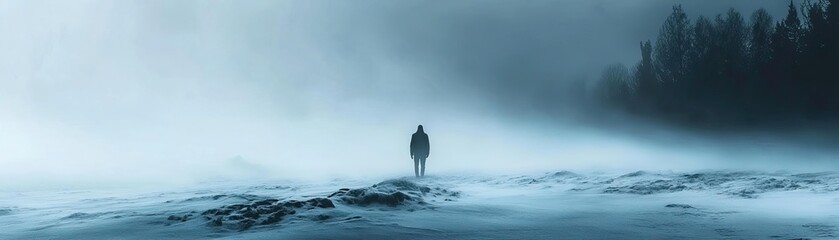 Obraz premium A solitary figure stands amidst a foggy landscape, evoking feelings of mystery and tranquility in a serene, cold environment.