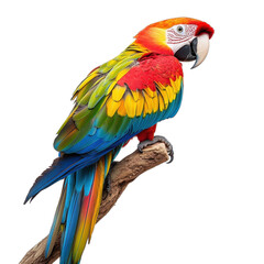 Fototapeta premium Scarlet Macaw Parrot on Branch Isolated on White Background, transparent background, PNG file