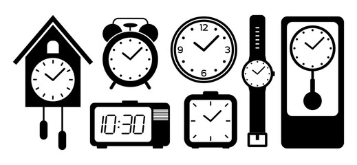 Clocks and watch set vector isolated on white background. Flat icon.
